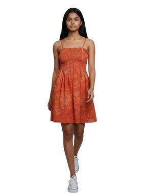Smocked Mini Sundress Deep Orange Floral Linen/Rayon Womens XS